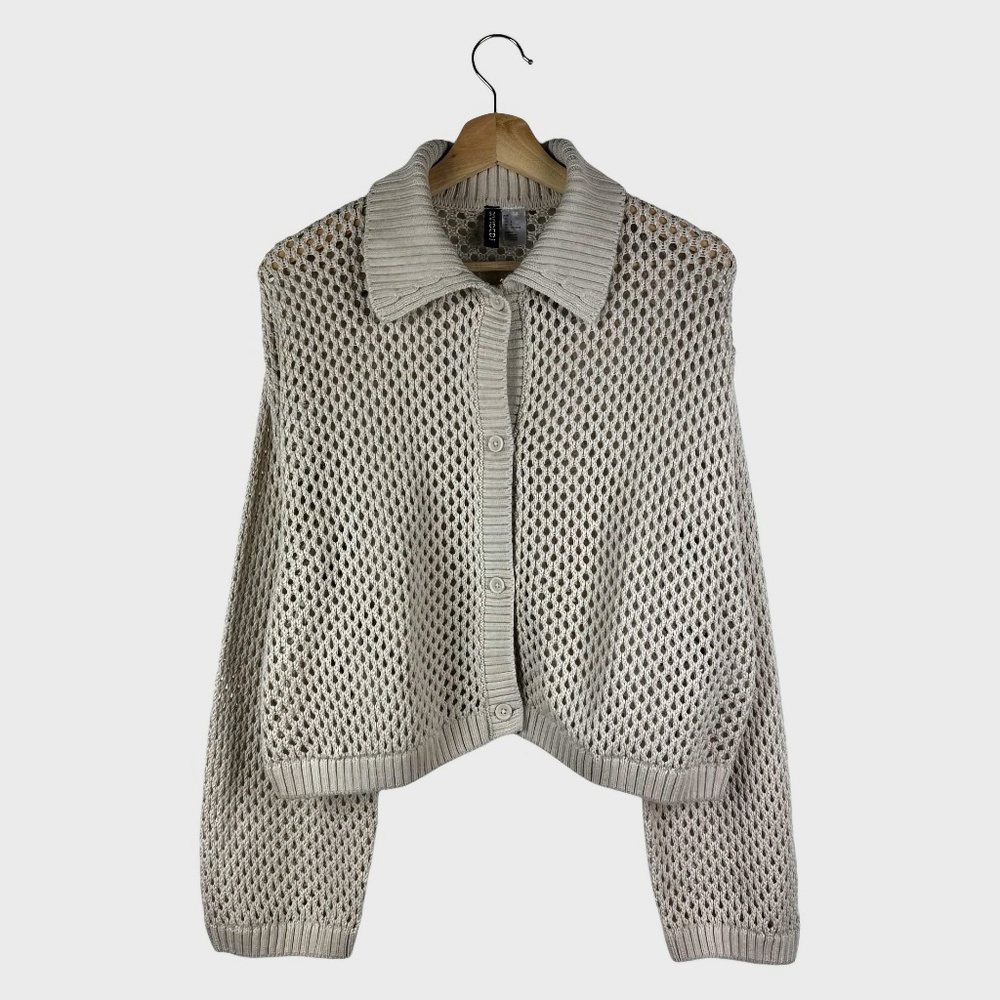 H&M Beige Open-Knit Button-Down Cardigan with Ribbed Collar